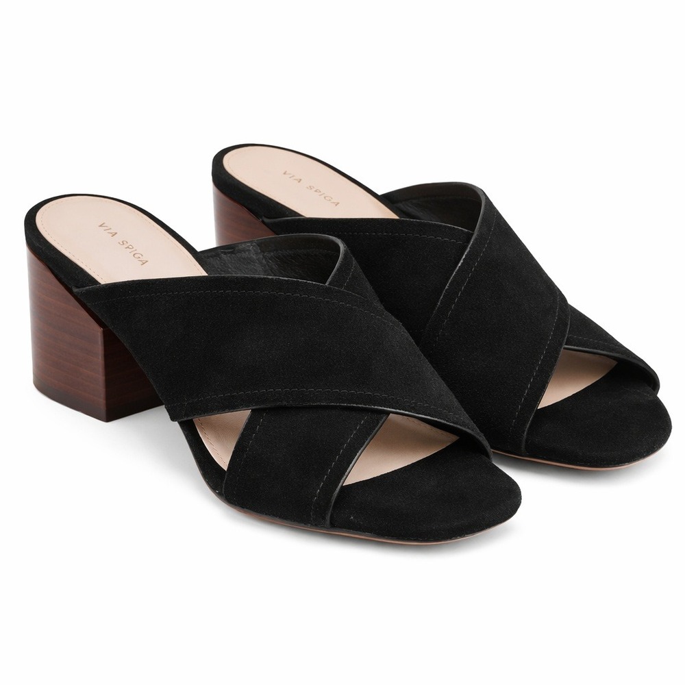 Via Spiga US 7 Black‎ Suede Criss Cross Slip On Block Heel Mules Quiet Luxury